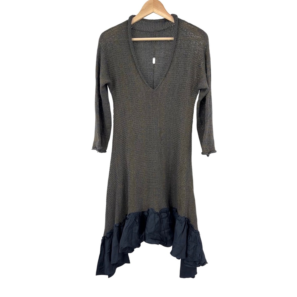 Skifo Sweater Tunic Womens S/M Open Knit Ruffle Hem V-Neck 3/4 Sleeve Mori Kei